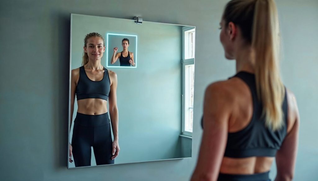 Woman in sports clothes standing in front of an interactive mirror