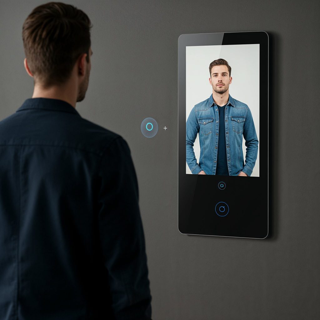 Man virtually trying on clothes with an interactive mirror
